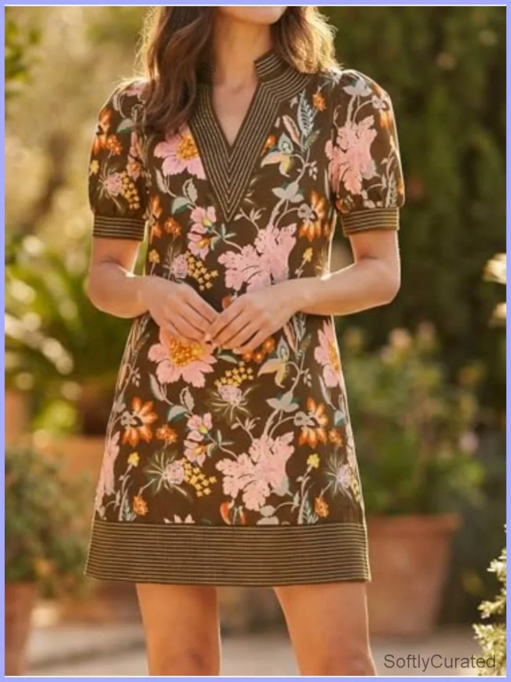 V Neck Puff Short Sleeve Boho Mini Shift Dress with Pockets Casual